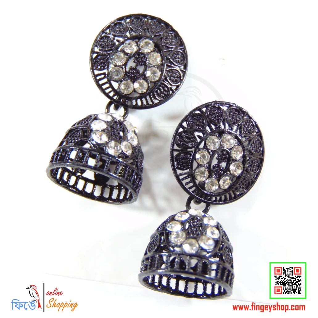 Black jhumka earrings (small) with stone from Fingey Ecommerce/ Fingey ECOM